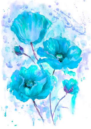 Watercolor poppies, hand drawn floral illustration, wildflowers isolated on white background.の写真素材