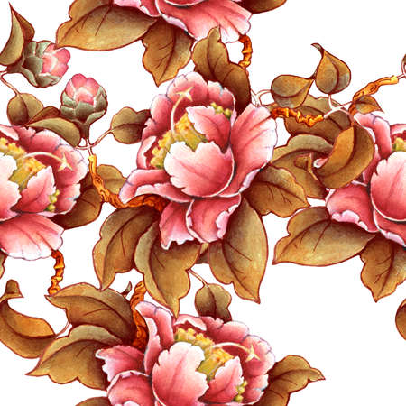 Seamless pattern. Camellia flower watercolor illustration. Manual composition. Design for textile, wallpapers, Element for design, Greeting card.の写真素材