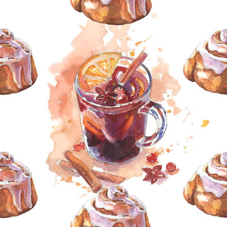 Watercolor tea with orange, cinnamon and Bun on white background. Watercolor fall season food illustration.の写真素材