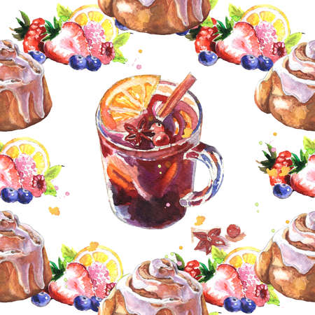 Watercolor tea with orange, cinnamon and Bun on white background. Watercolor fall season food illustration.の写真素材
