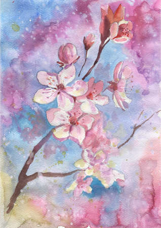watercolor cherry blossom flower. spring flowers. Watercolor botanical pattern. Wedding Sakura Print.の写真素材