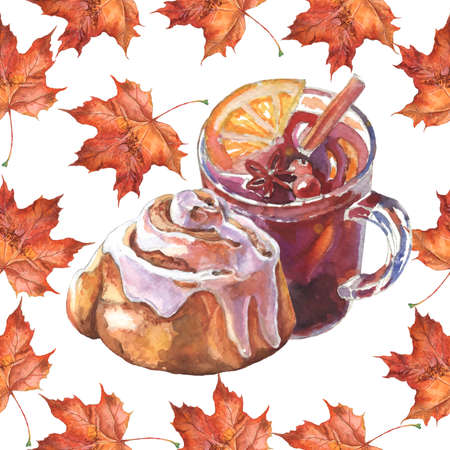 Seamless pattern. Autumn pattern from maple leaves and tea. Autumn maple tree leaf for the design of greeting cards, holiday banners, and posters.の写真素材