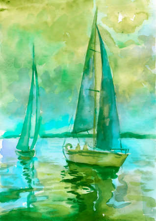 watercolor illustration. Sailboat on the sea.の写真素材