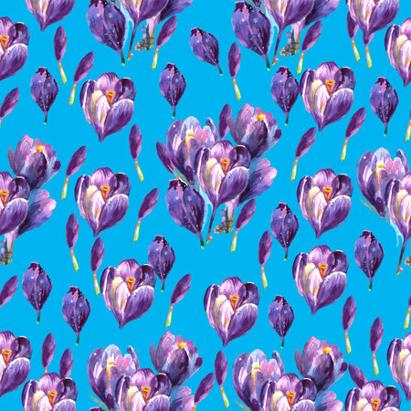 Flowers crocuses image blue snowdrops images spring. watercolor seamless pattern.の写真素材