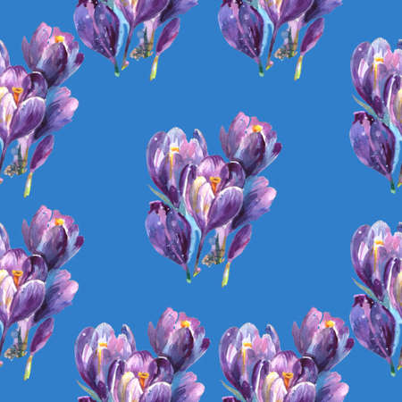 Flowers crocuses image blue snowdrops images spring. watercolor seamless pattern.の写真素材
