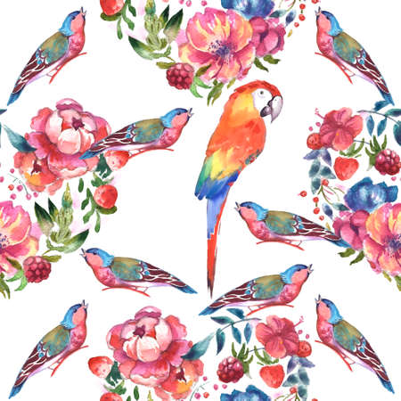 Birds in tropical leaves and flowers on a white background. Realistic watercolor. clip art. Drawn by hand. hand paintedの写真素材