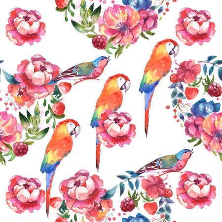 Birds in tropical leaves and flowers on a white background. Realistic watercolor. clip art. Drawn by hand. hand paintedの写真素材