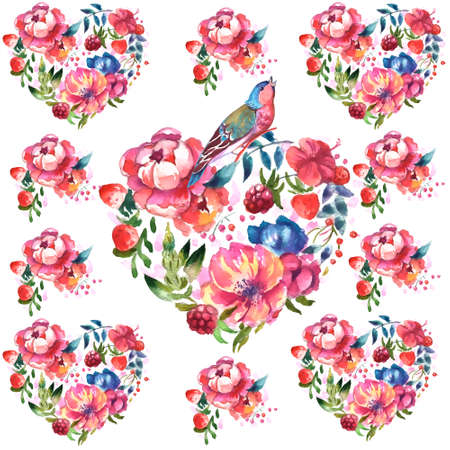 Birds in tropical leaves and flowers on a white background. Realistic watercolor. clip art. Drawn by...