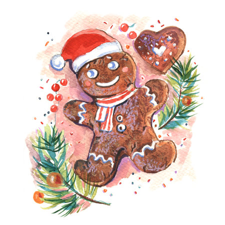 Watercolor Christmas Gingerbread. Cute background for wallpaper, gift paper, pattern fills, textile, greetings cardsの写真素材