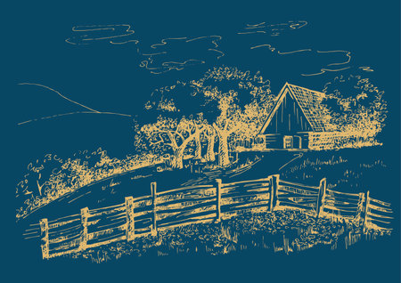 Green grass field on small hills. Meadow, alkali, lye, grassland, pommel, lea, pasturage, farm. Rural scenery landscape panorama of countryside pastures. vector sketch illustrationのイラスト素材