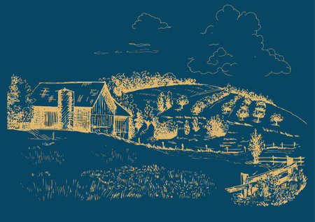 Green grass field on small hills. Meadow, alkali, lye, grassland, pommel, lea, pasturage, farm. Rural scenery landscape panorama of countryside pastures. vector sketch illustrationのイラスト素材