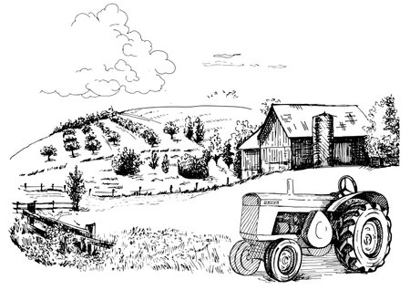 Green grass field on small hills. Meadow, alkali, lye, grassland, pommel, lea, pasturage, farm. Rural scenery landscape panorama of countryside pastures. vector sketch illustrationのイラスト素材