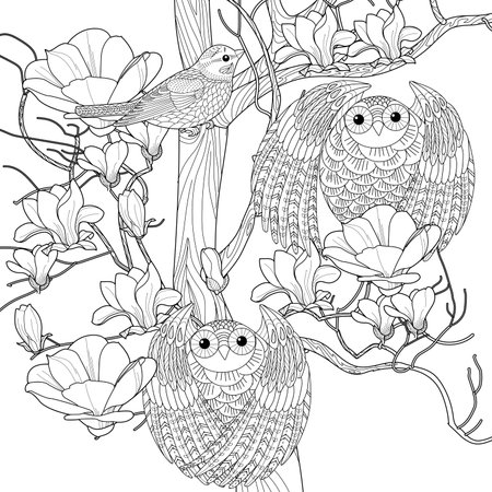 Art therapy coloring page. Coloring book antistress for children and adults. Birds and flowers hand drawn in vintage style. Ideal for those who want to feel more connected to natuのイラスト素材