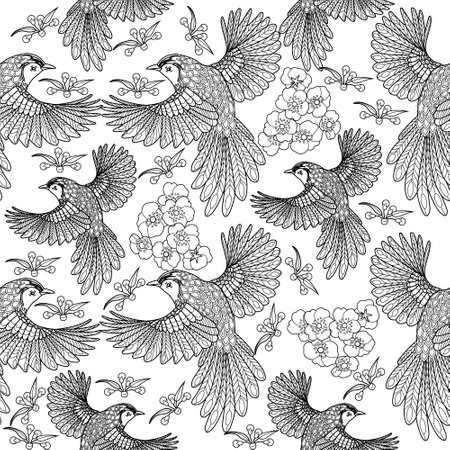 Seamless pattern with birds and flowers. Black and white vector illustration.のイラスト素材