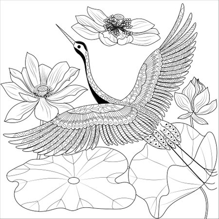 Coloring book for adults and older children. Coloring page with a picture of a crane and lotus.のイラスト素材