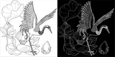 Black and white vector illustration of a flock of flamingos and flowersのイラスト素材
