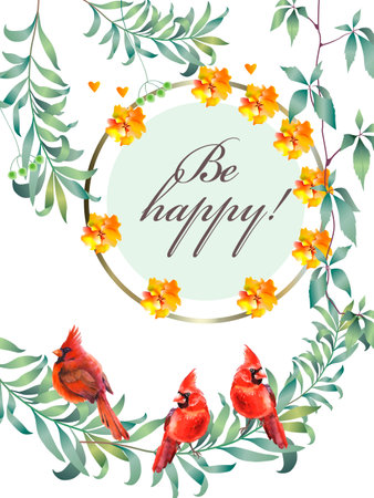 Floral frame with red cardinal birds and flowers. vector illustration.のイラスト素材