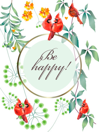 Watercolor card with cardinal birds and flowers. hand drawn vector illustration.のイラスト素材
