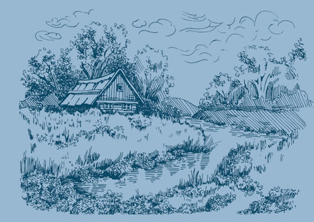 Landscape with house and pond. Hand drawn vector illustration in sketch style.のイラスト素材
