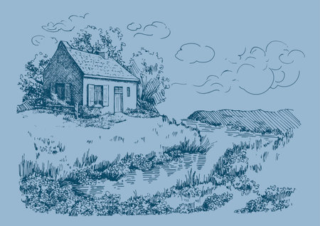 House on the bank of the river. Sketch, vector illustration.のイラスト素材