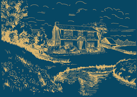 Hand drawn vector illustration of old house on the bank of the riverのイラスト素材