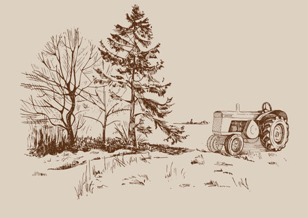 Tractor in the field. Vector hand drawn illustration in vintage style.のイラスト素材