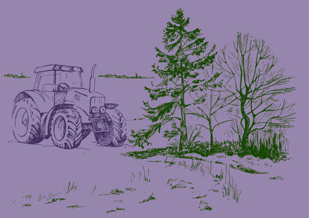 Tractor in the field. Vector illustration of a tractor on a purple background.のイラスト素材