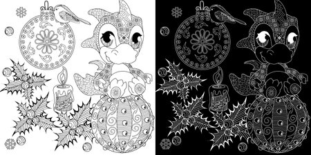 Black and white Christmas coloring page for adults and children. Vector illustration.のイラスト素材