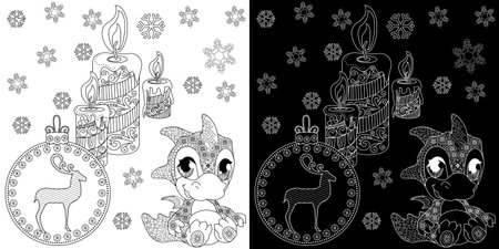 Christmas and New Year coloring book page with cute cartoon animals and snowflakes.のイラスト素材