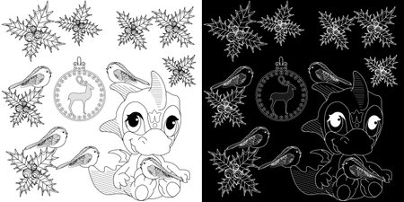 Black and white set of animals and snowflakes. Vector illustration.のイラスト素材