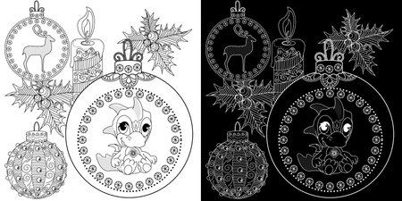Christmas and New Year coloring book for adults. Coloring page with Christmas decorations. Black and white vector illustration.のイラスト素材
