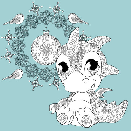 Coloring Pages with baby dragon. Happy new year 2024. Year of the dragon. Antistress freehand sketch drawing with doodle and zentangle elements.のイラスト素材