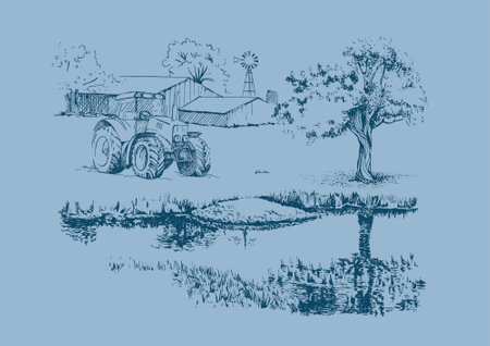 Tractor in the field. Vector illustration. Hand drawn tractor.のイラスト素材