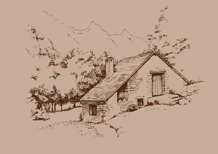 Hand drawn cottage in the mountains. Vector illustration of a country house.のイラスト素材