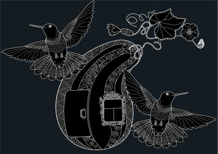 Hummingbird and ivy on a dark background. Vector illustration.のイラスト素材