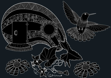 Black and white monochrome vector illustration of hummingbird, human skull and flower.のイラスト素材