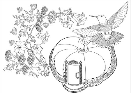 Coloring book for adults and older children. Coloring page with hummingbird.のイラスト素材