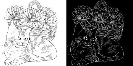 Coloring book for adults and older children. Coloring page with black and white cat and flowers.のイラスト素材