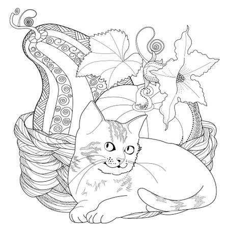 Coloring pages for adults. Cute cat sitting in the basket with autumn leaves.のイラスト素材