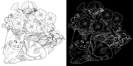 Coloring book for adults and older children. Coloring page with a picture of a cat and flowers. Black and white vector illustration.のイラスト素材