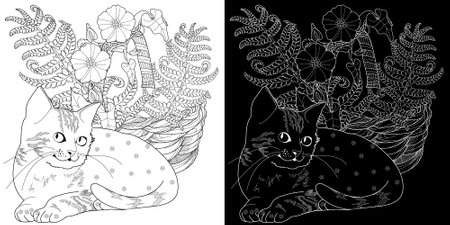 Coloring book for adults and older children. Coloring page with cute cat and corals. Black and white vector illustration.のイラスト素材