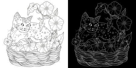 Coloring book for adults and older children. Coloring page with cute kittens and flowers. Black and white vector illustration.のイラスト素材