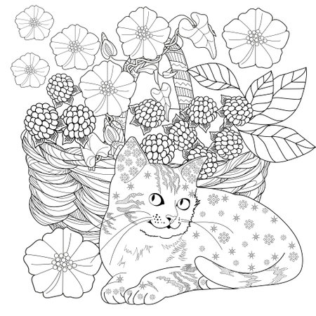 Cute cat with flowers. Coloring book page for adults. Black and white illustration.のイラスト素材