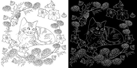 Cute cat sitting on a branch with flowers. Coloring book page for adults. Black and white vector illustration.のイラスト素材