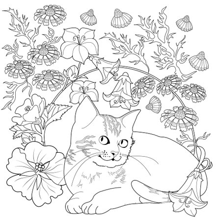 Cute cartoon cat and flowers. Coloring page for adults.のイラスト素材