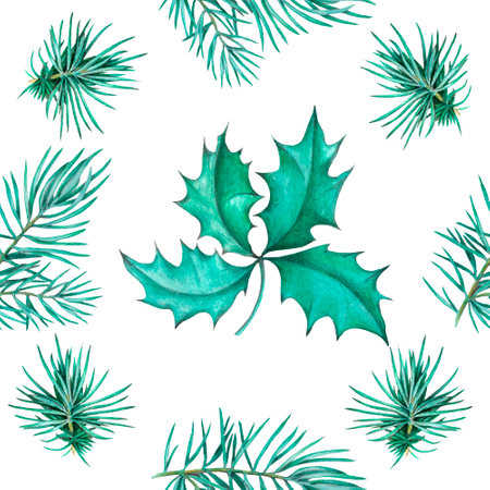 Watercolor Christmas seamless pattern with fir branches and green leaves. Hand painted illustration.のイラスト素材
