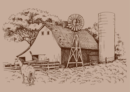 Vintage farm with windmill and horse. Vector hand drawn illustrationのイラスト素材