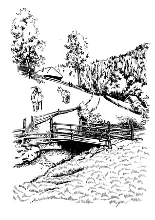 An image showing a wooden bridge over a river, vintage line drawing or engraving illustration.のイラスト素材