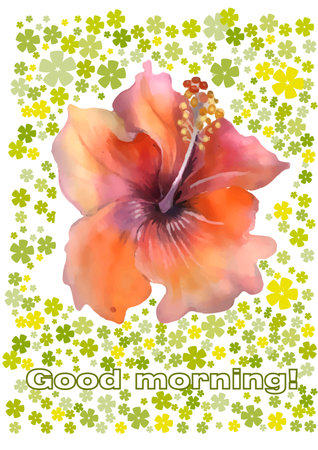 Card with watercolor hibiscus flower and clover leavesのイラスト素材