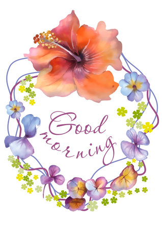 Watercolor hibiscus flower wreath on white background.のイラスト素材